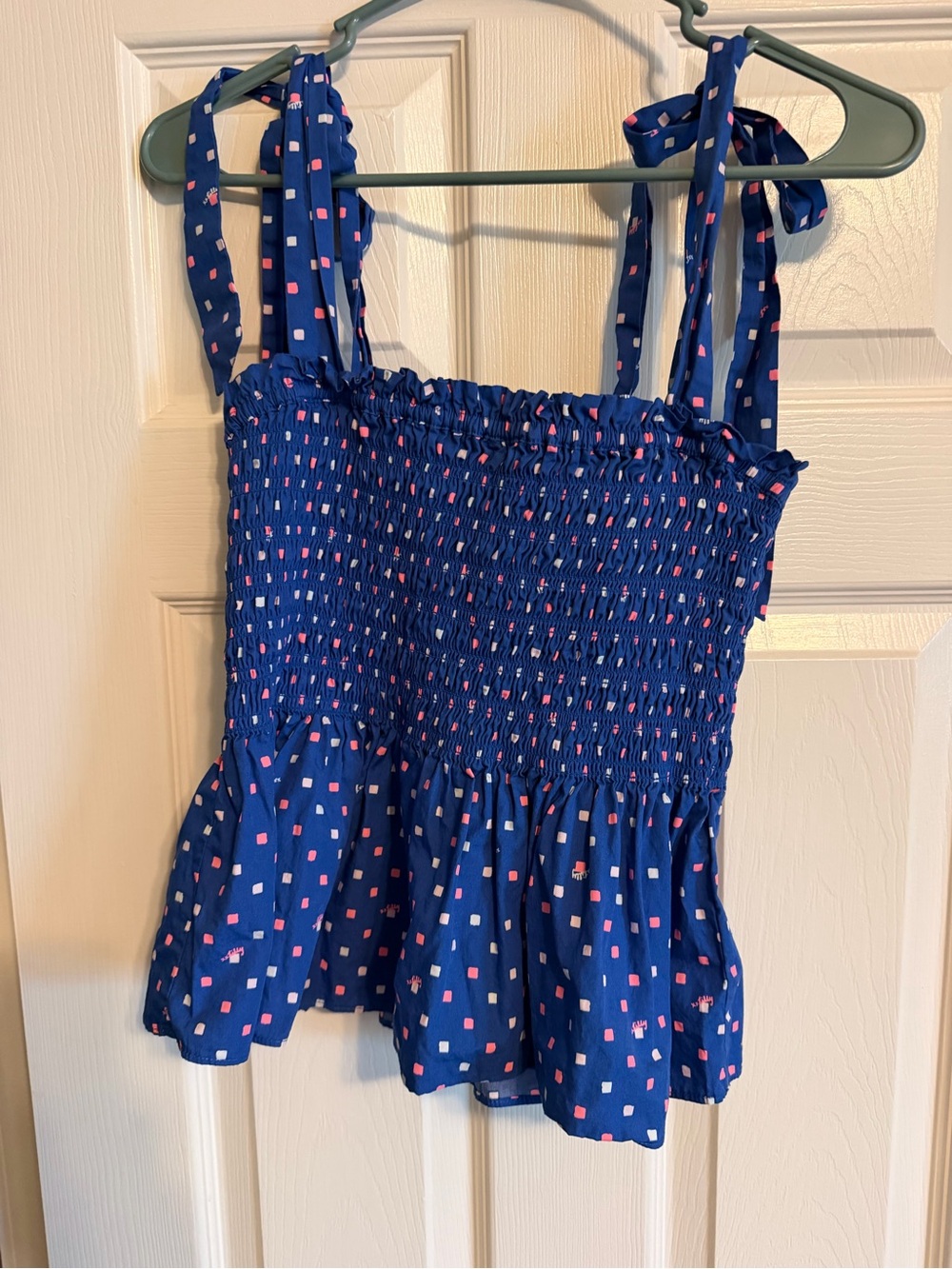 Lilly Pulitzer Navy Blue Smocked Tie-Shoulder Cami with Pink Dot Print